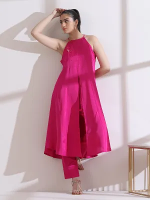 2 Pc Set - Prf'T Lux Fuchsia Halter Beaded Kurta With Pants