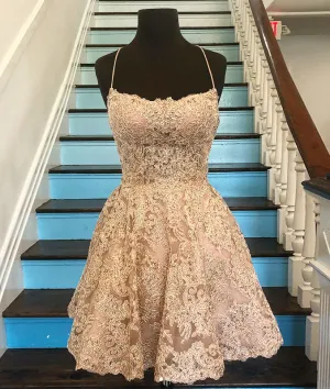 Champagne lace short prom dress, champagne lace homecoming dress