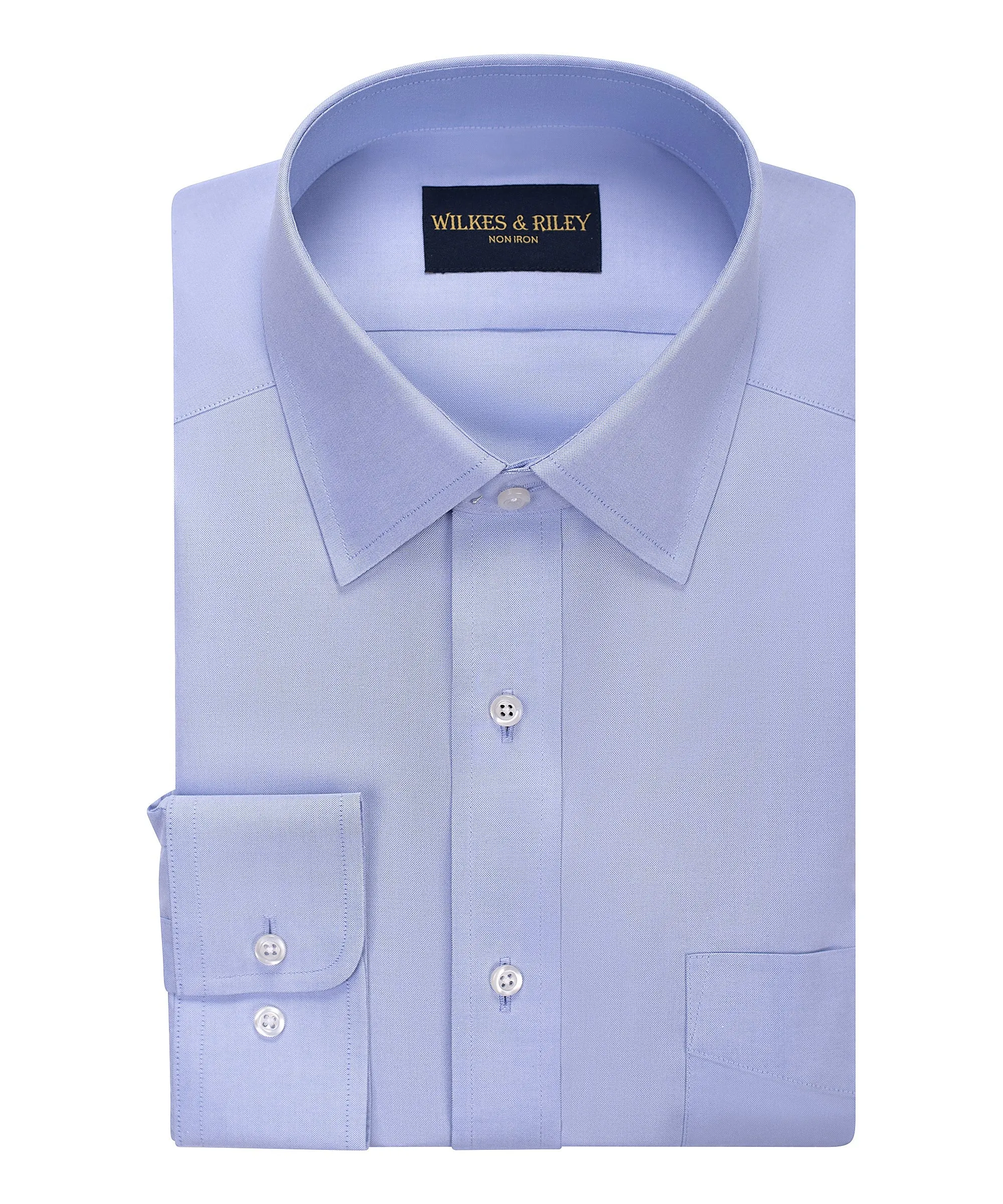 Tailored Fit Blue Solid Spread Collar Non-Iron Pinpoint Oxford Dress Shirt